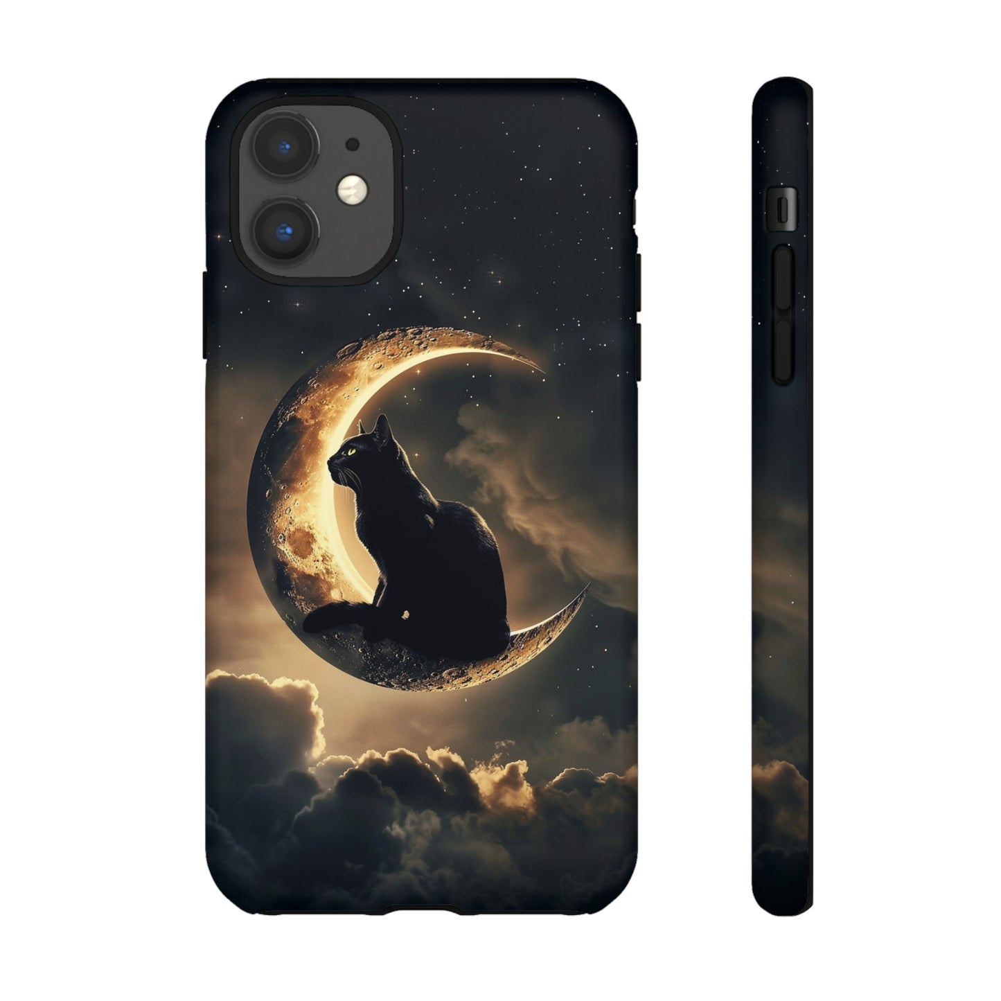 Black Cat on Crescent Moon Phone Case - Mystical Night Sky Design for iPhone, Samsung Galaxy, and Google Pixel Devices