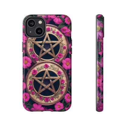 Pentacles in Pink Flowers Tough Phone Case – Mystical Floral Design for iPhone, Samsung Galaxy, and Google Pixel Devices