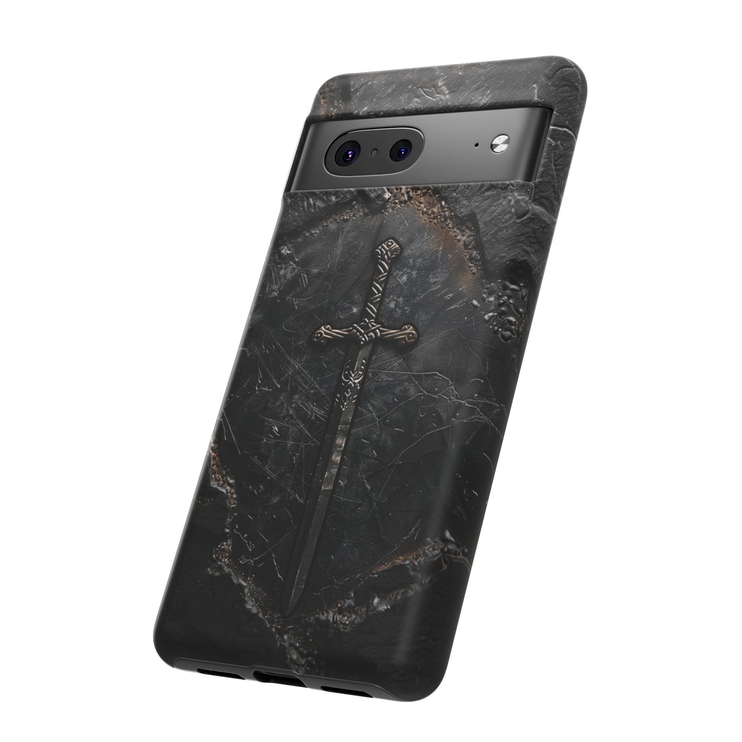 Medieval Sword Phone Case - Elegant Blade Design on Dark Stone Background for iPhone, Samsung Galaxy, and Google Pixel Devices