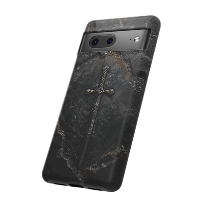 Medieval Sword Phone Case - Elegant Blade Design on Dark Stone Background for iPhone, Samsung Galaxy, and Google Pixel Devices