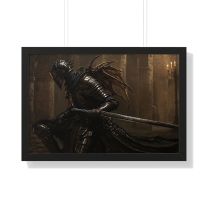 Framed Poster of a Dark Gothic Knight in Candlelit Medieval Castle - Fantasy Wall Art Decor