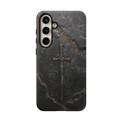 Medieval Sword Phone Case - Elegant Blade Design on Dark Stone Background for iPhone, Samsung Galaxy, and Google Pixel Devices