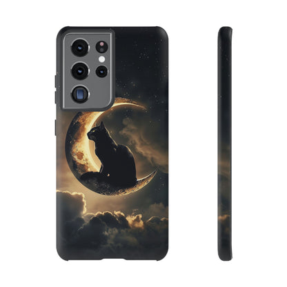 Black Cat on Crescent Moon Phone Case - Mystical Night Sky Design for iPhone, Samsung Galaxy, and Google Pixel Devices