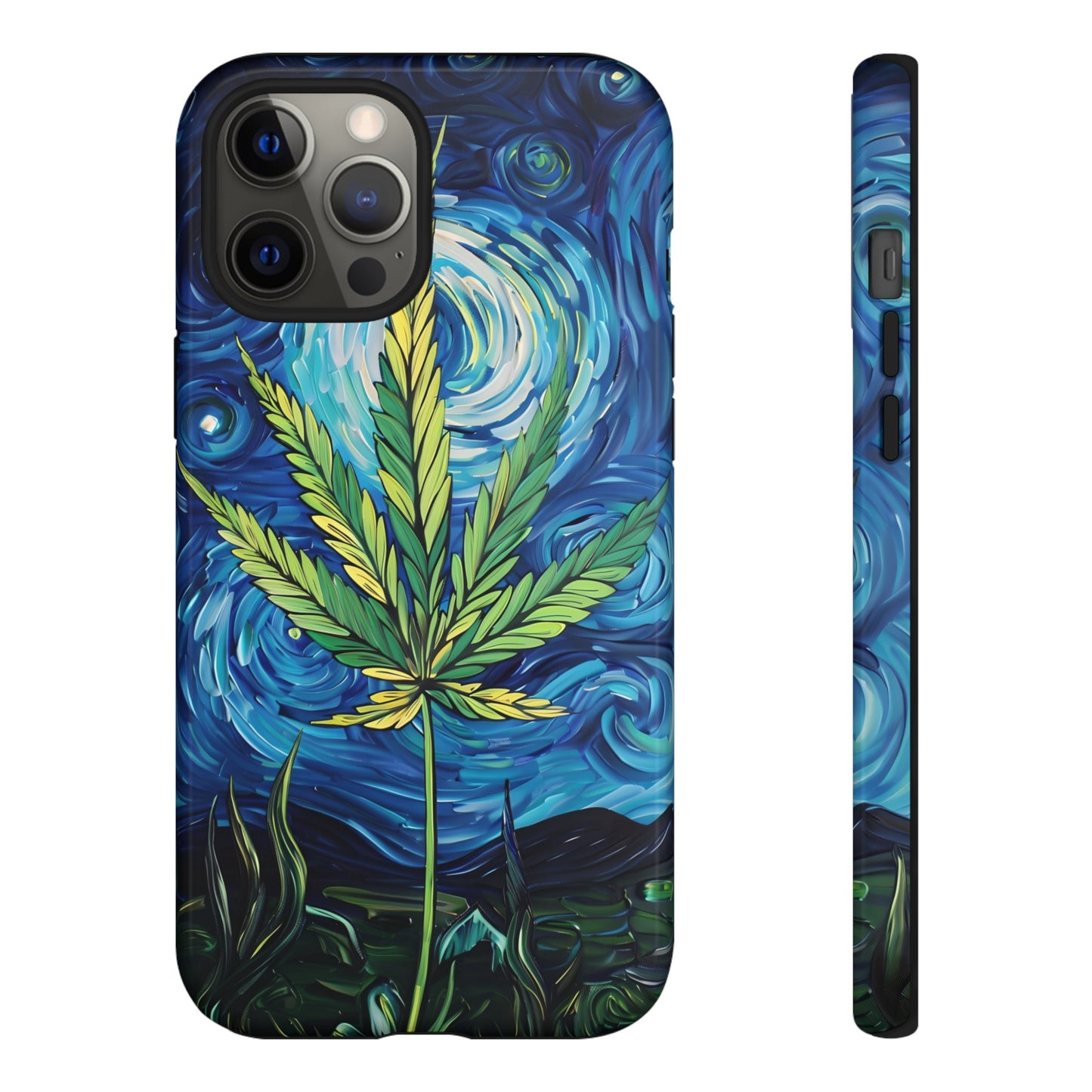 Pot Leaf Starry Night Phone Case – Artistic Marijuana Design for iPhone, Samsung Galaxy, and Google Pixel Devices