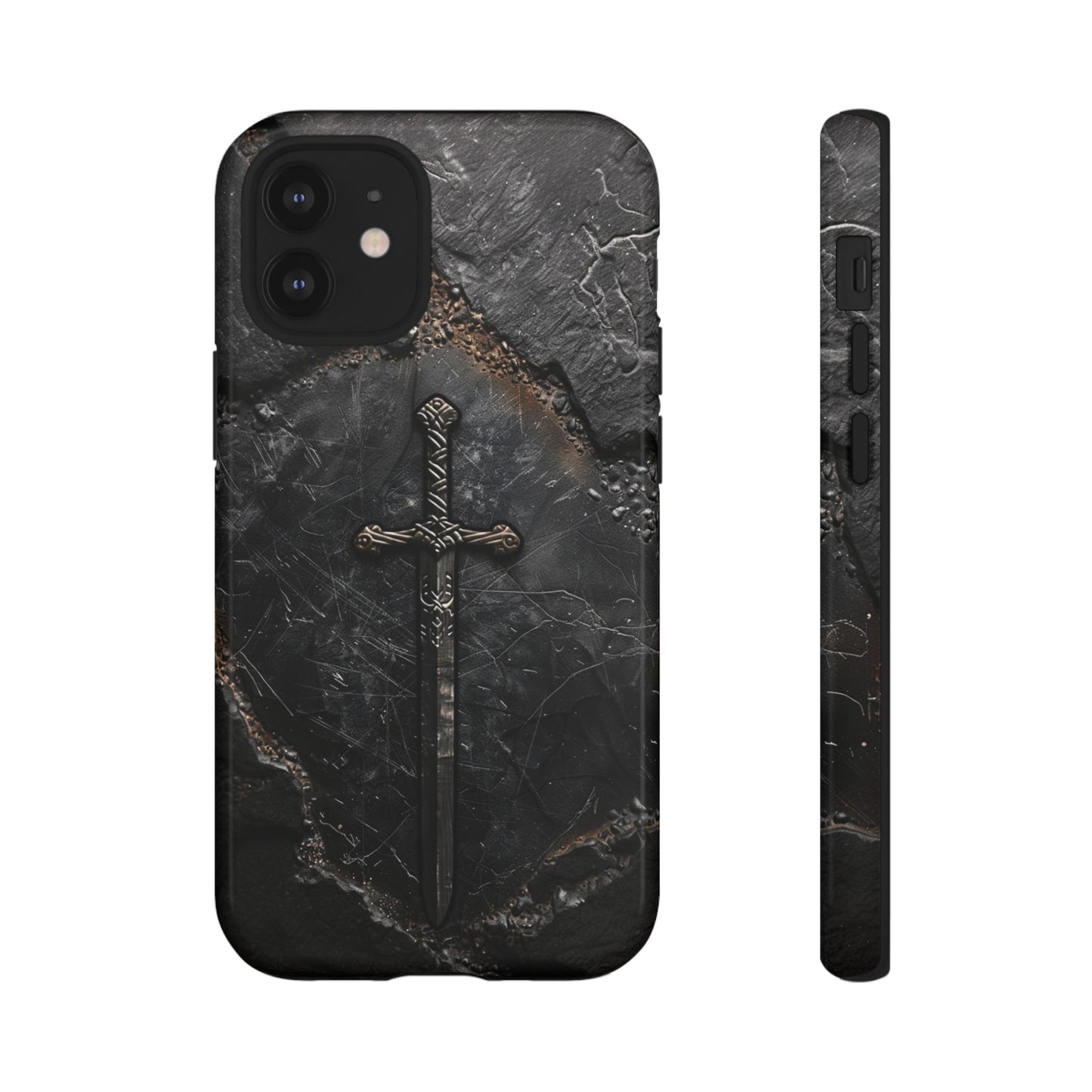 Medieval Sword Phone Case - Elegant Blade Design on Dark Stone Background for iPhone, Samsung Galaxy, and Google Pixel Devices