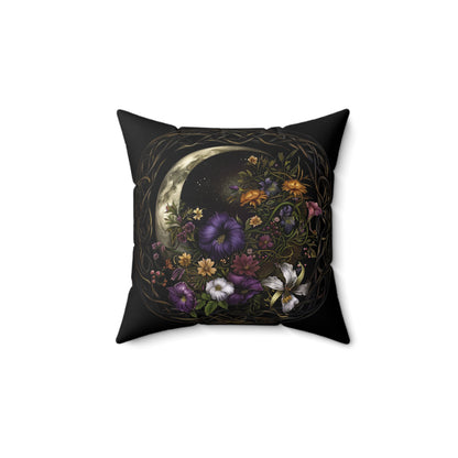 Gothic Moon Floral Art Throw Pillow - Spun Polyester Square Cushion with Moon and Flowers Design