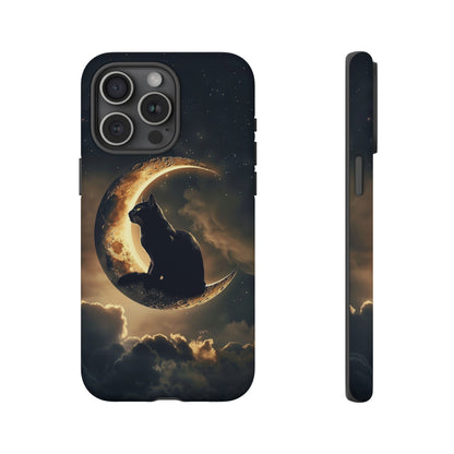 Black Cat on Crescent Moon Phone Case - Mystical Night Sky Design for iPhone, Samsung Galaxy, and Google Pixel Devices