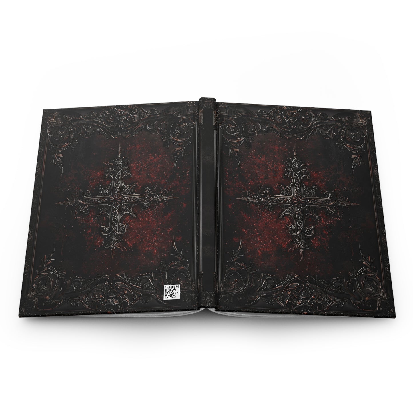 Dark Gothic Cross Notebook with Intricate Red Embossed Cover