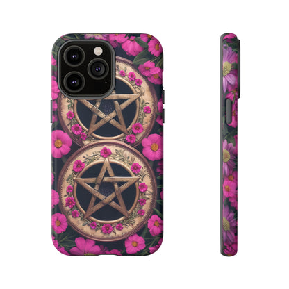 Pentacles in Pink Flowers Tough Phone Case – Mystical Floral Design for iPhone, Samsung Galaxy, and Google Pixel Devices