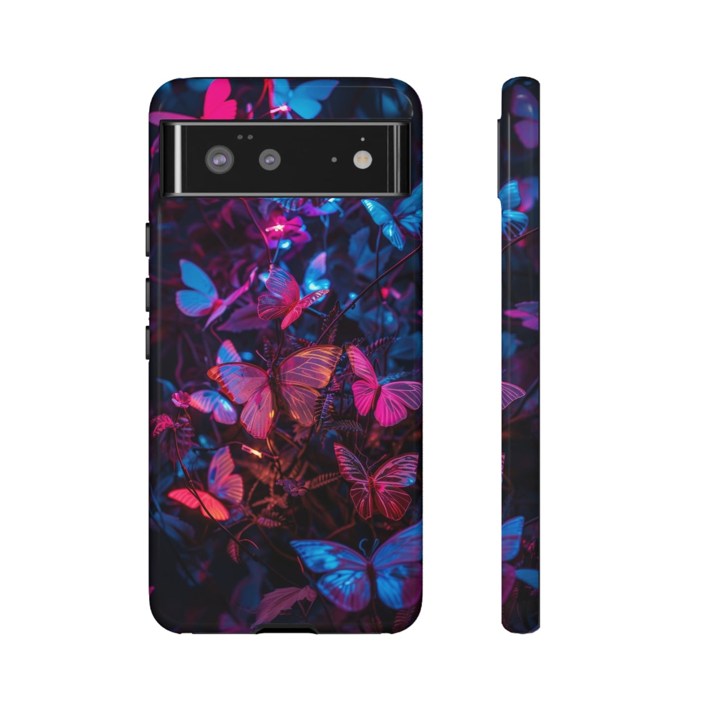 Neon Butterfly Garden Phone Case - Vibrant Nighttime Design for iPhone, Samsung Galaxy, and Google Pixel Devices