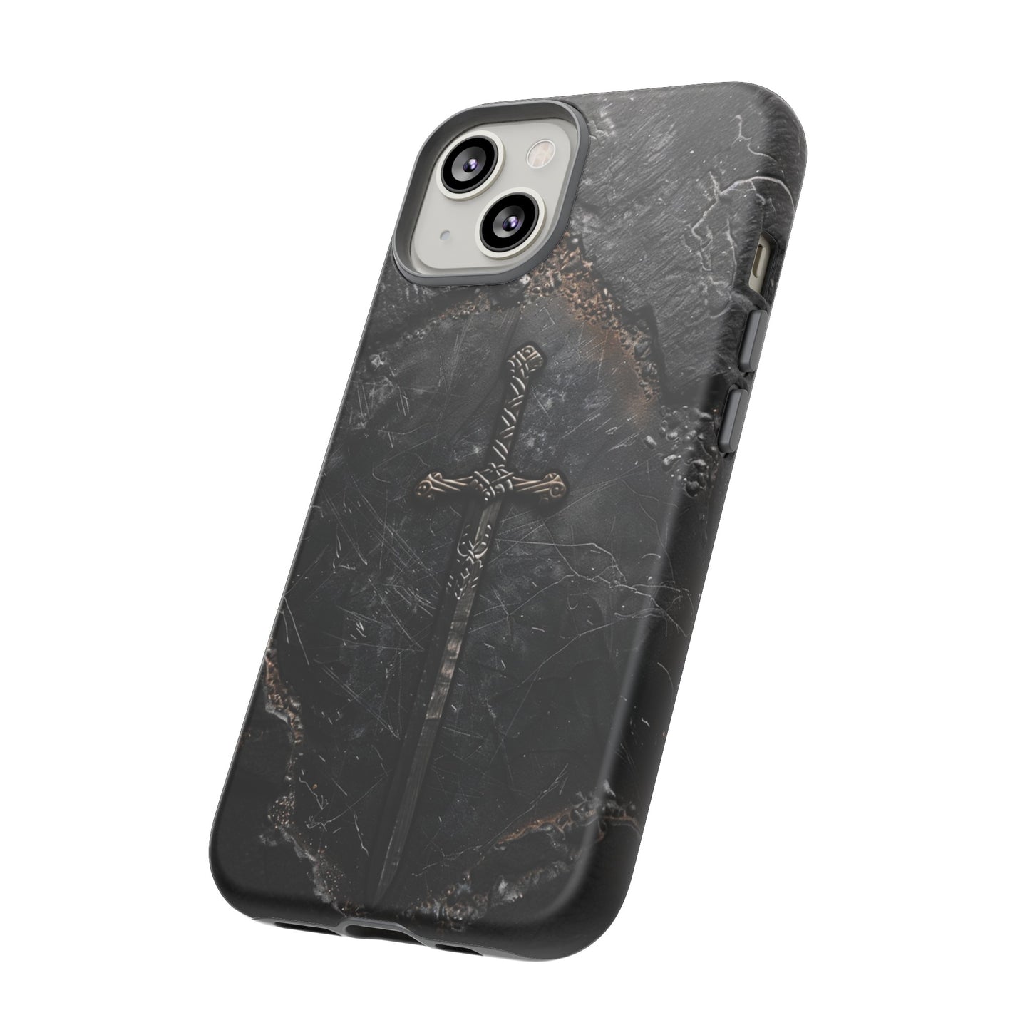 Medieval Sword Phone Case - Elegant Blade Design on Dark Stone Background for iPhone, Samsung Galaxy, and Google Pixel Devices