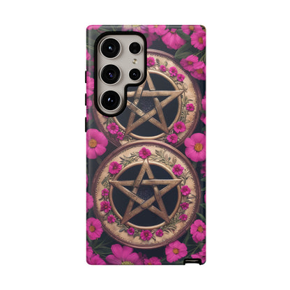 Pentacles in Pink Flowers Tough Phone Case – Mystical Floral Design for iPhone, Samsung Galaxy, and Google Pixel Devices