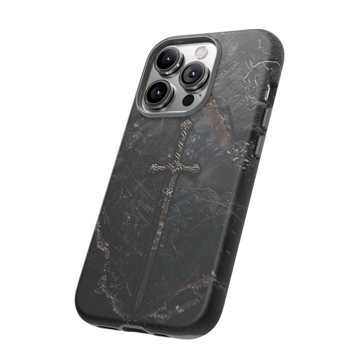 Medieval Sword Phone Case - Elegant Blade Design on Dark Stone Background for iPhone, Samsung Galaxy, and Google Pixel Devices