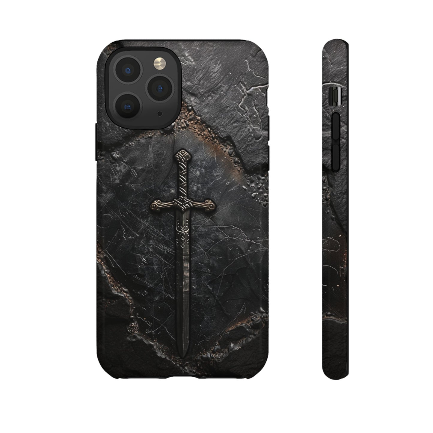 Medieval Sword Phone Case - Elegant Blade Design on Dark Stone Background for iPhone, Samsung Galaxy, and Google Pixel Devices