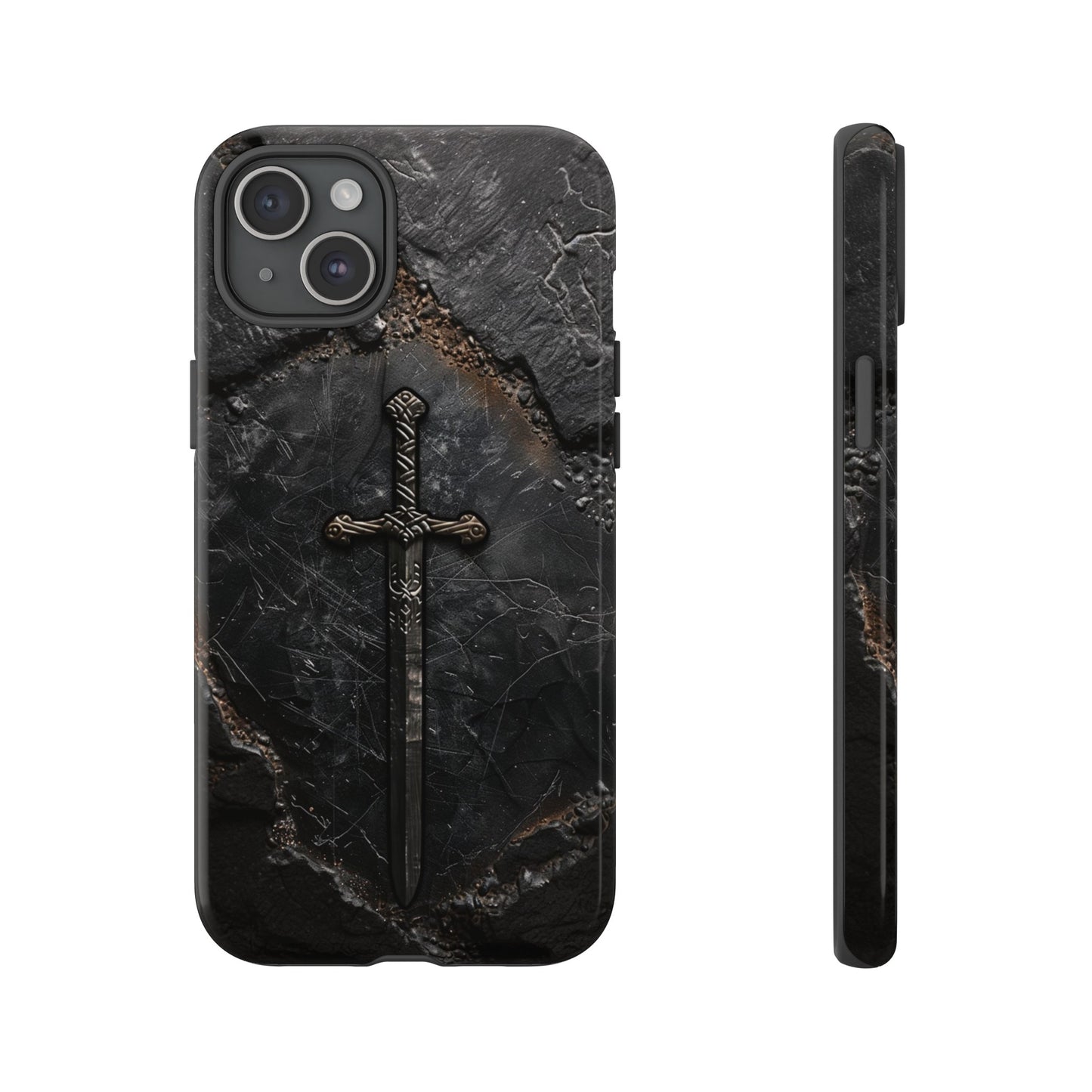 Medieval Sword Phone Case - Elegant Blade Design on Dark Stone Background for iPhone, Samsung Galaxy, and Google Pixel Devices