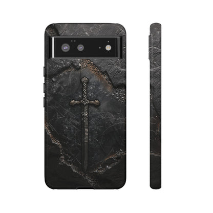 Medieval Sword Phone Case - Elegant Blade Design on Dark Stone Background for iPhone, Samsung Galaxy, and Google Pixel Devices