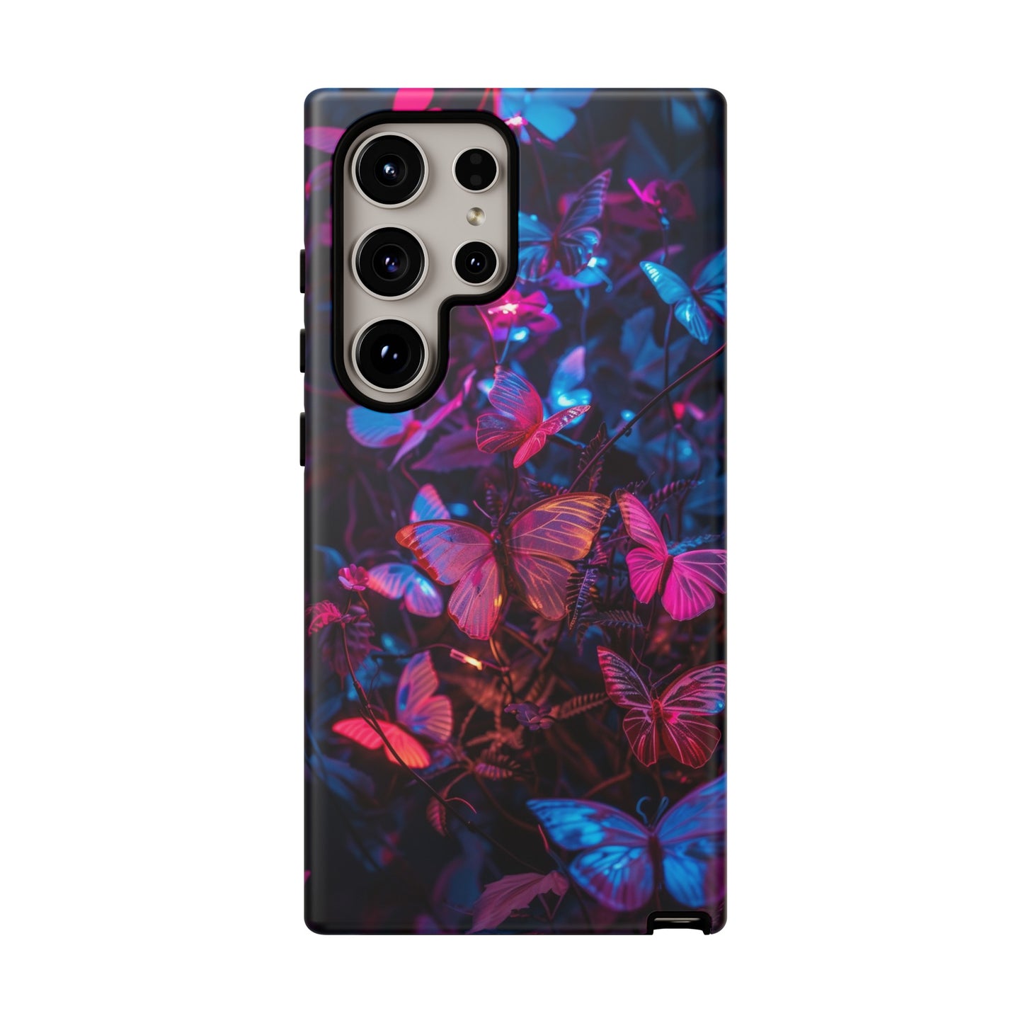 Neon Butterfly Garden Phone Case - Vibrant Nighttime Design for iPhone, Samsung Galaxy, and Google Pixel Devices