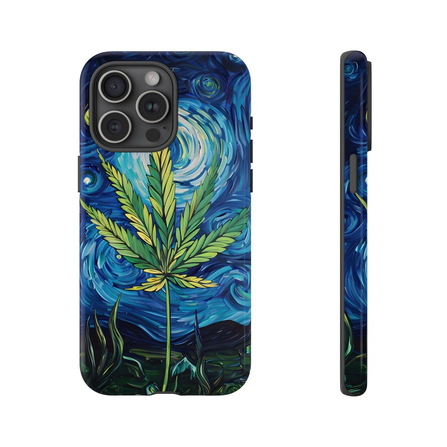 Pot Leaf Starry Night Phone Case – Artistic Marijuana Design for iPhone, Samsung Galaxy, and Google Pixel Devices