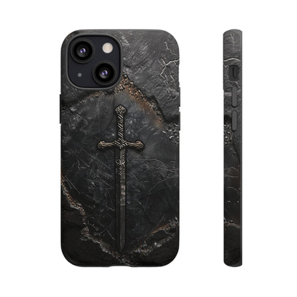 Medieval Sword Phone Case - Elegant Blade Design on Dark Stone Background for iPhone, Samsung Galaxy, and Google Pixel Devices