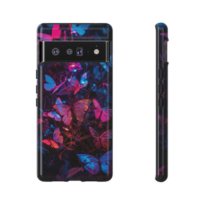 Neon Butterfly Garden Phone Case - Vibrant Nighttime Design for iPhone, Samsung Galaxy, and Google Pixel Devices