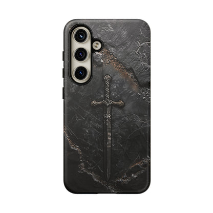 Medieval Sword Phone Case - Elegant Blade Design on Dark Stone Background for iPhone, Samsung Galaxy, and Google Pixel Devices