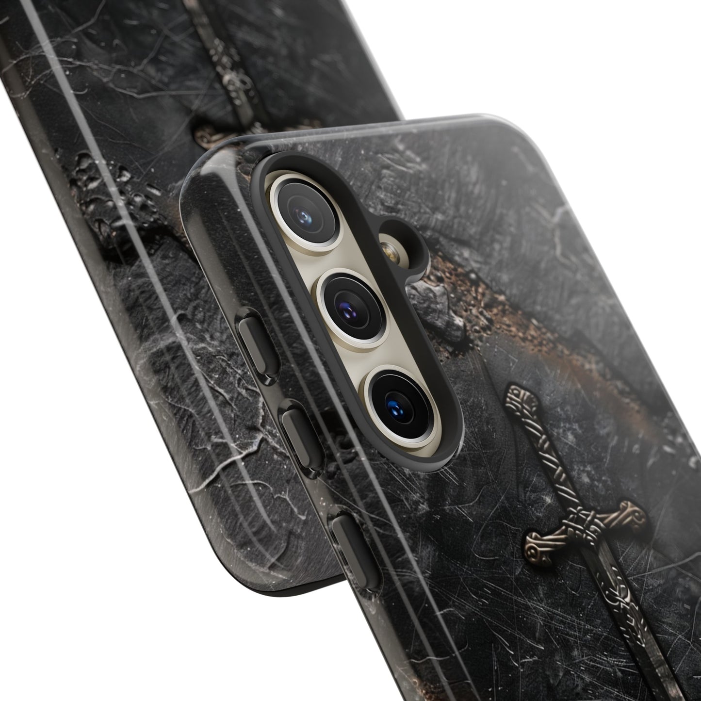 Medieval Sword Phone Case - Elegant Blade Design on Dark Stone Background for iPhone, Samsung Galaxy, and Google Pixel Devices