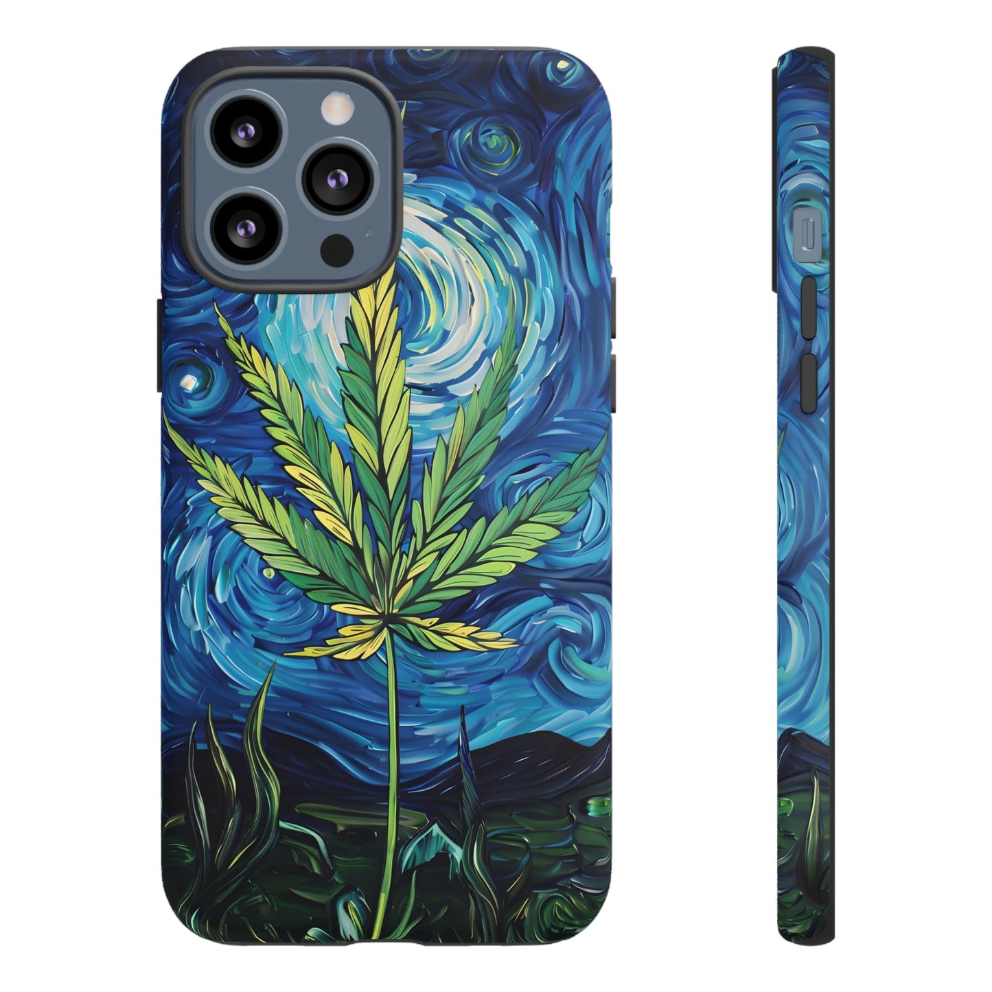 Pot Leaf Starry Night Phone Case – Artistic Marijuana Design for iPhone, Samsung Galaxy, and Google Pixel Devices