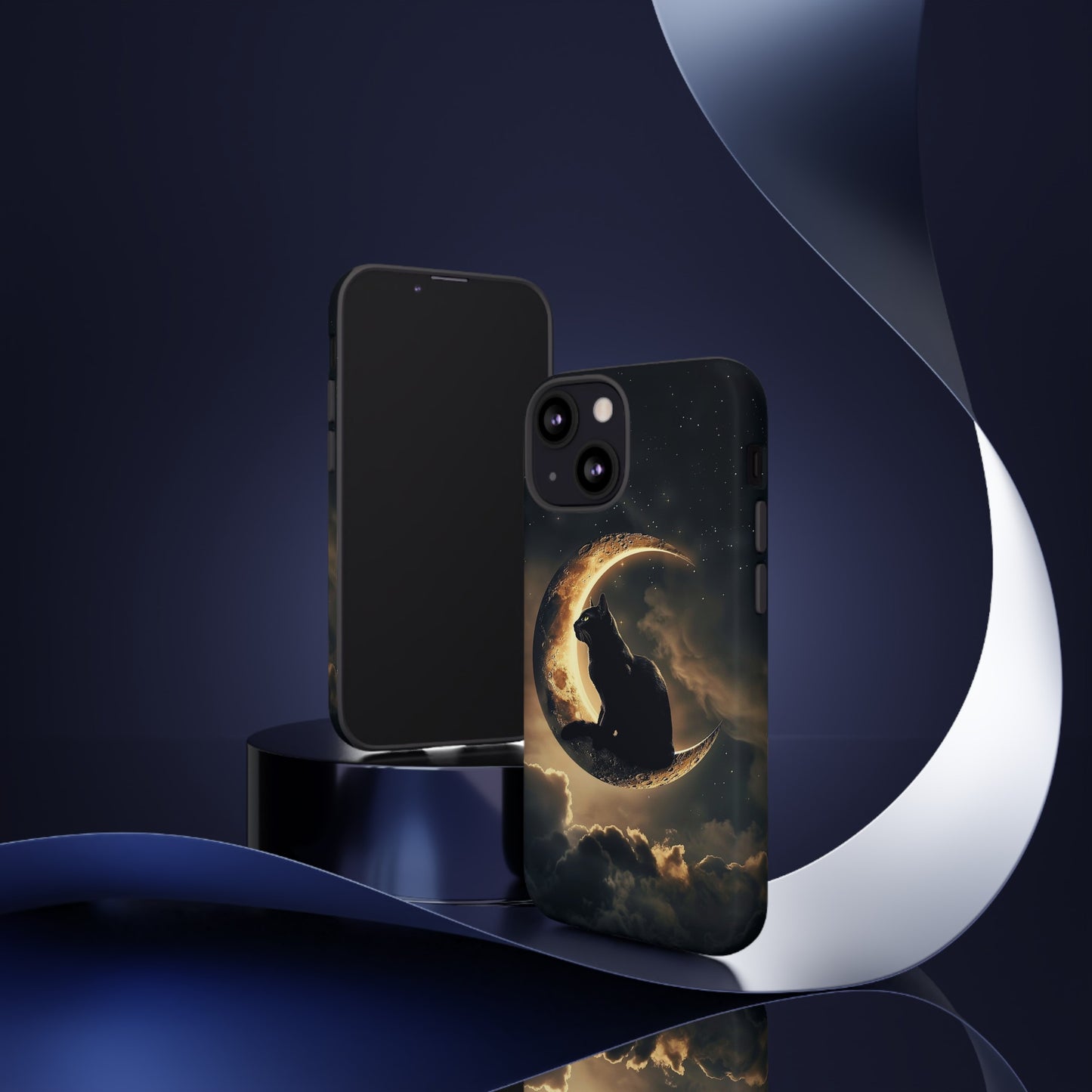 Black Cat on Crescent Moon Phone Case - Mystical Night Sky Design for iPhone, Samsung Galaxy, and Google Pixel Devices