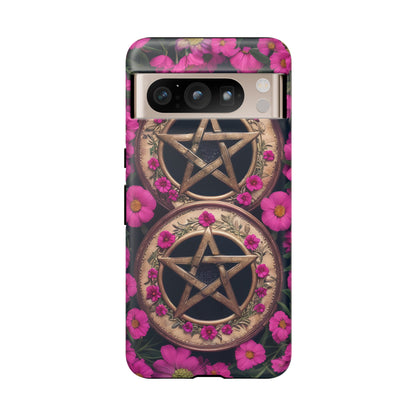 Pentacles in Pink Flowers Tough Phone Case – Mystical Floral Design for iPhone, Samsung Galaxy, and Google Pixel Devices