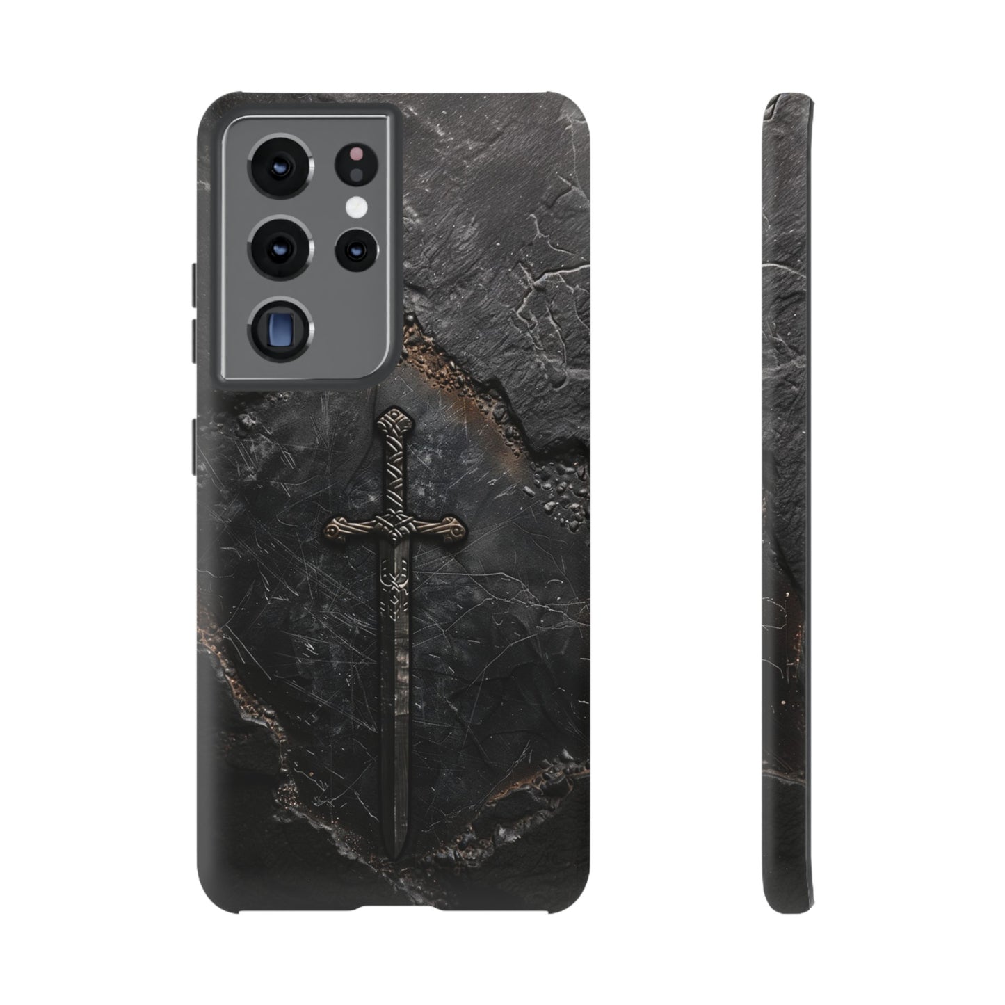 Medieval Sword Phone Case - Elegant Blade Design on Dark Stone Background for iPhone, Samsung Galaxy, and Google Pixel Devices