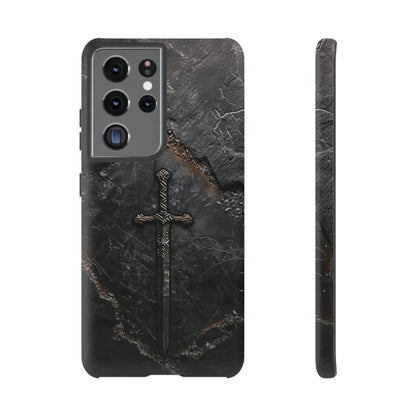 Medieval Sword Phone Case - Elegant Blade Design on Dark Stone Background for iPhone, Samsung Galaxy, and Google Pixel Devices