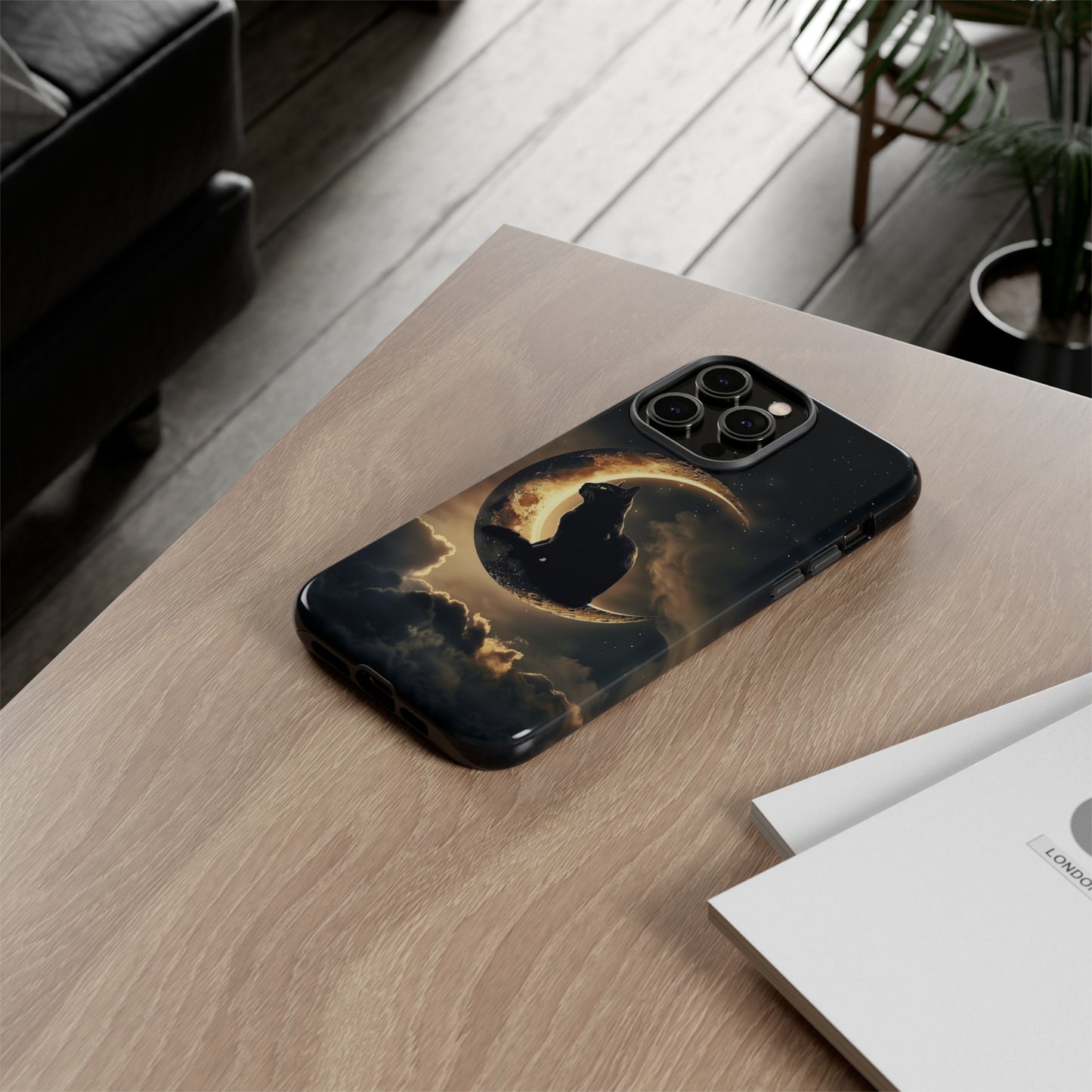 Black Cat on Crescent Moon Phone Case - Mystical Night Sky Design for iPhone, Samsung Galaxy, and Google Pixel Devices