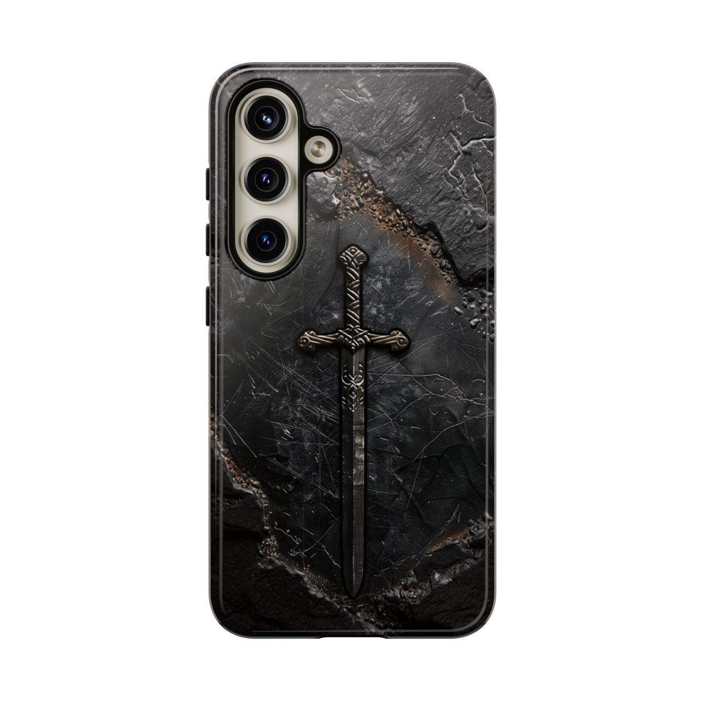 Medieval Sword Phone Case - Elegant Blade Design on Dark Stone Background for iPhone, Samsung Galaxy, and Google Pixel Devices