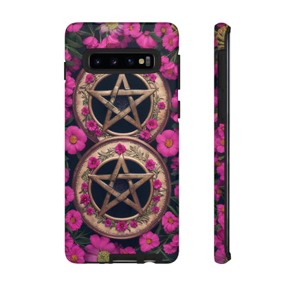 Pentacles in Pink Flowers Tough Phone Case – Mystical Floral Design for iPhone, Samsung Galaxy, and Google Pixel Devices