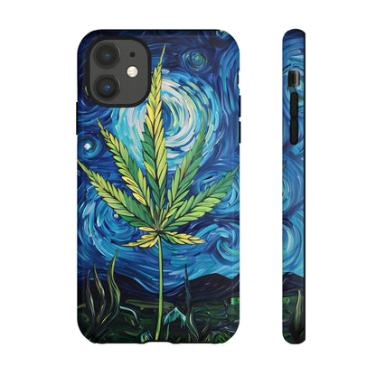 Pot Leaf Starry Night Phone Case – Artistic Marijuana Design for iPhone, Samsung Galaxy, and Google Pixel Devices