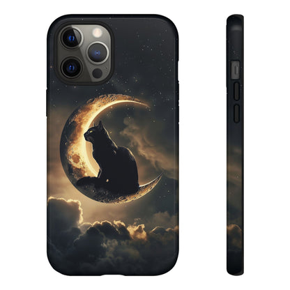 Black Cat on Crescent Moon Phone Case - Mystical Night Sky Design for iPhone, Samsung Galaxy, and Google Pixel Devices