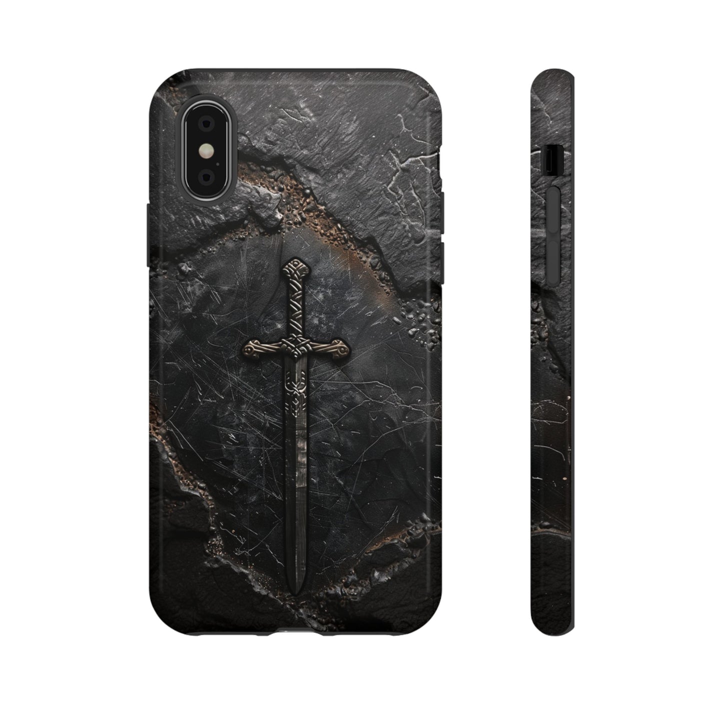 Medieval Sword Phone Case - Elegant Blade Design on Dark Stone Background for iPhone, Samsung Galaxy, and Google Pixel Devices