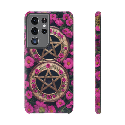 Pentacles in Pink Flowers Tough Phone Case – Mystical Floral Design for iPhone, Samsung Galaxy, and Google Pixel Devices