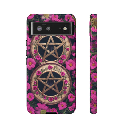 Pentacles in Pink Flowers Tough Phone Case – Mystical Floral Design for iPhone, Samsung Galaxy, and Google Pixel Devices