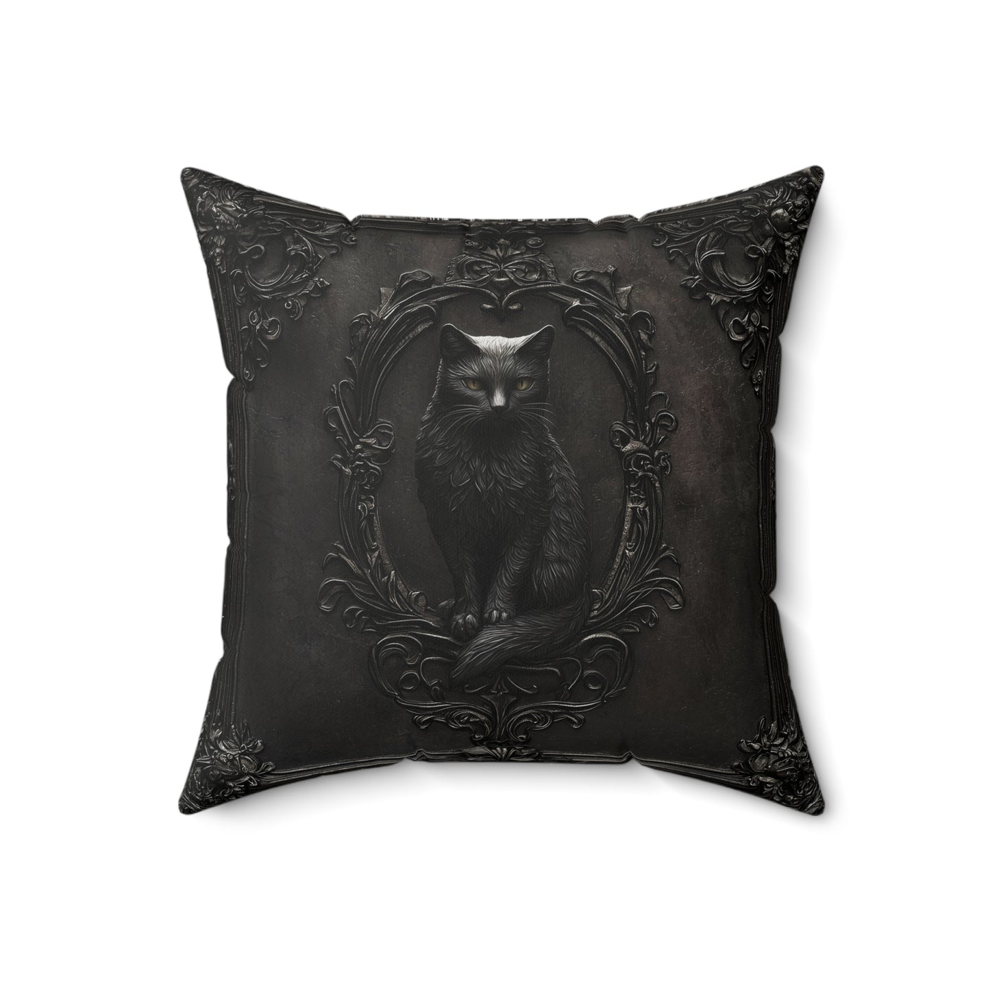 Black Cat Gothic Decor Pillow - Elegant Spun Polyester Throw Pillow with Ornate Frame Design