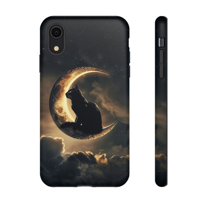 Black Cat on Crescent Moon Phone Case - Mystical Night Sky Design for iPhone, Samsung Galaxy, and Google Pixel Devices