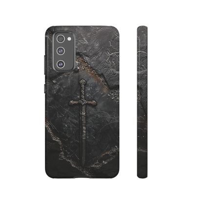 Medieval Sword Phone Case - Elegant Blade Design on Dark Stone Background for iPhone, Samsung Galaxy, and Google Pixel Devices