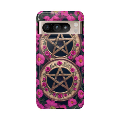 Pentacles in Pink Flowers Tough Phone Case – Mystical Floral Design for iPhone, Samsung Galaxy, and Google Pixel Devices