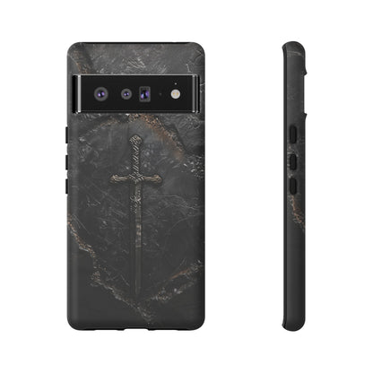 Medieval Sword Phone Case - Elegant Blade Design on Dark Stone Background for iPhone, Samsung Galaxy, and Google Pixel Devices