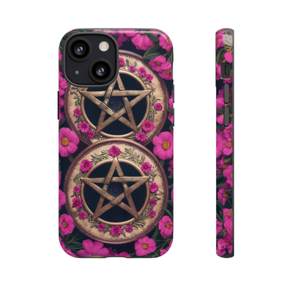 Pentacles in Pink Flowers Tough Phone Case – Mystical Floral Design for iPhone, Samsung Galaxy, and Google Pixel Devices