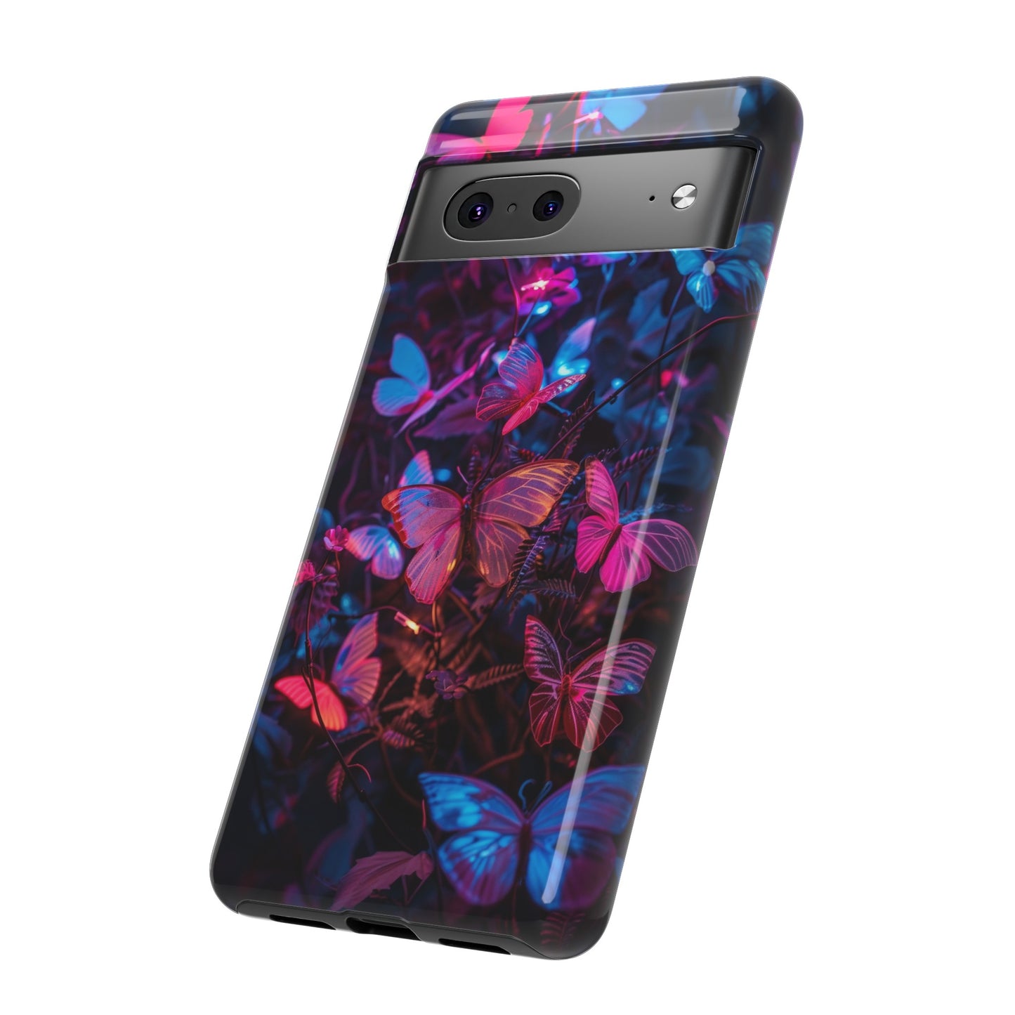 Neon Butterfly Garden Phone Case - Vibrant Nighttime Design for iPhone, Samsung Galaxy, and Google Pixel Devices