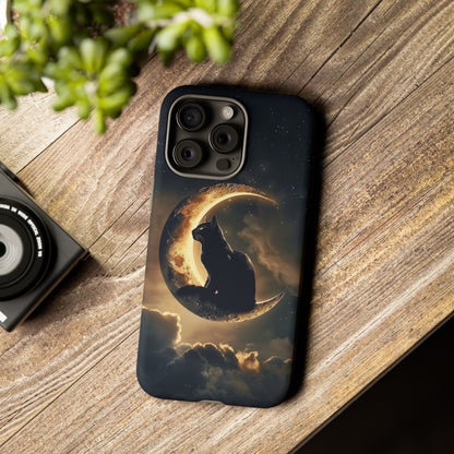 Black Cat on Crescent Moon Phone Case - Mystical Night Sky Design for iPhone, Samsung Galaxy, and Google Pixel Devices