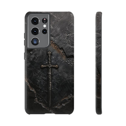 Medieval Sword Phone Case - Elegant Blade Design on Dark Stone Background for iPhone, Samsung Galaxy, and Google Pixel Devices