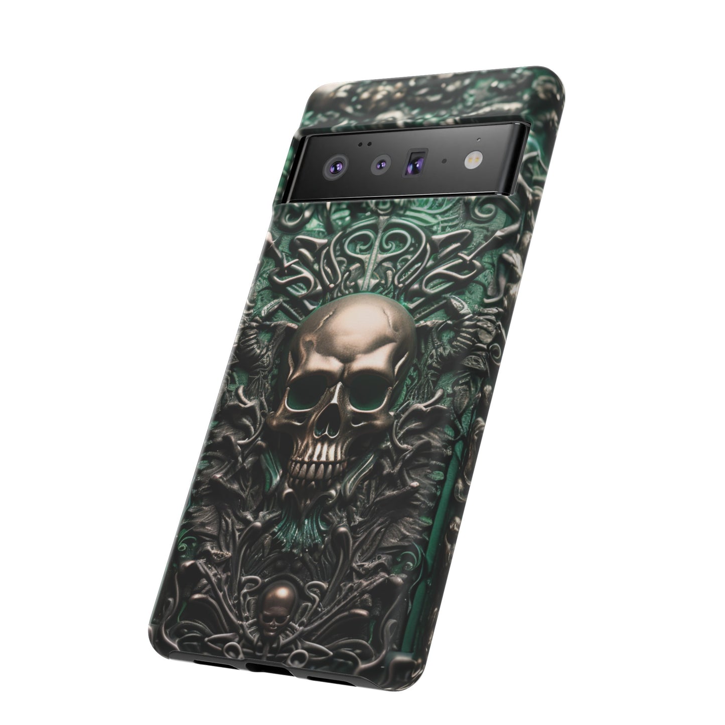 Green Skull Phone Case – Ornate Gothic Design for iPhone, Samsung Galaxy, and Google Pixel Devices