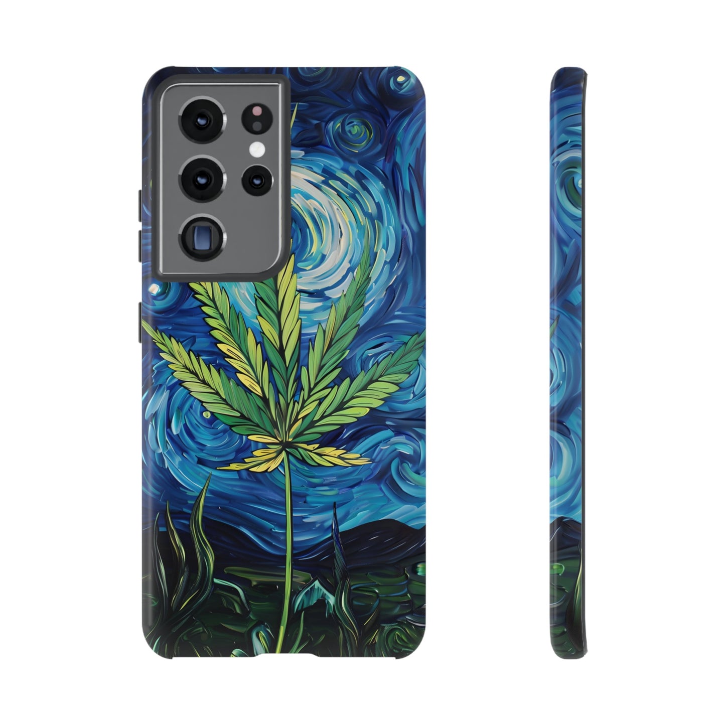 Pot Leaf Starry Night Phone Case – Artistic Marijuana Design for iPhone, Samsung Galaxy, and Google Pixel Devices